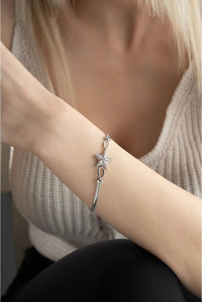 Bracelet argent 925 anti-ternissement maille serpent étoile baguette - 2