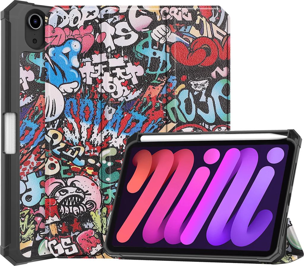 Case2go - Hülle kompatibel mit Apple iPad Mini 7 (2024) - Mit Stifthalter Faux Leather Tablet Case Schutzhülle - Grafitti