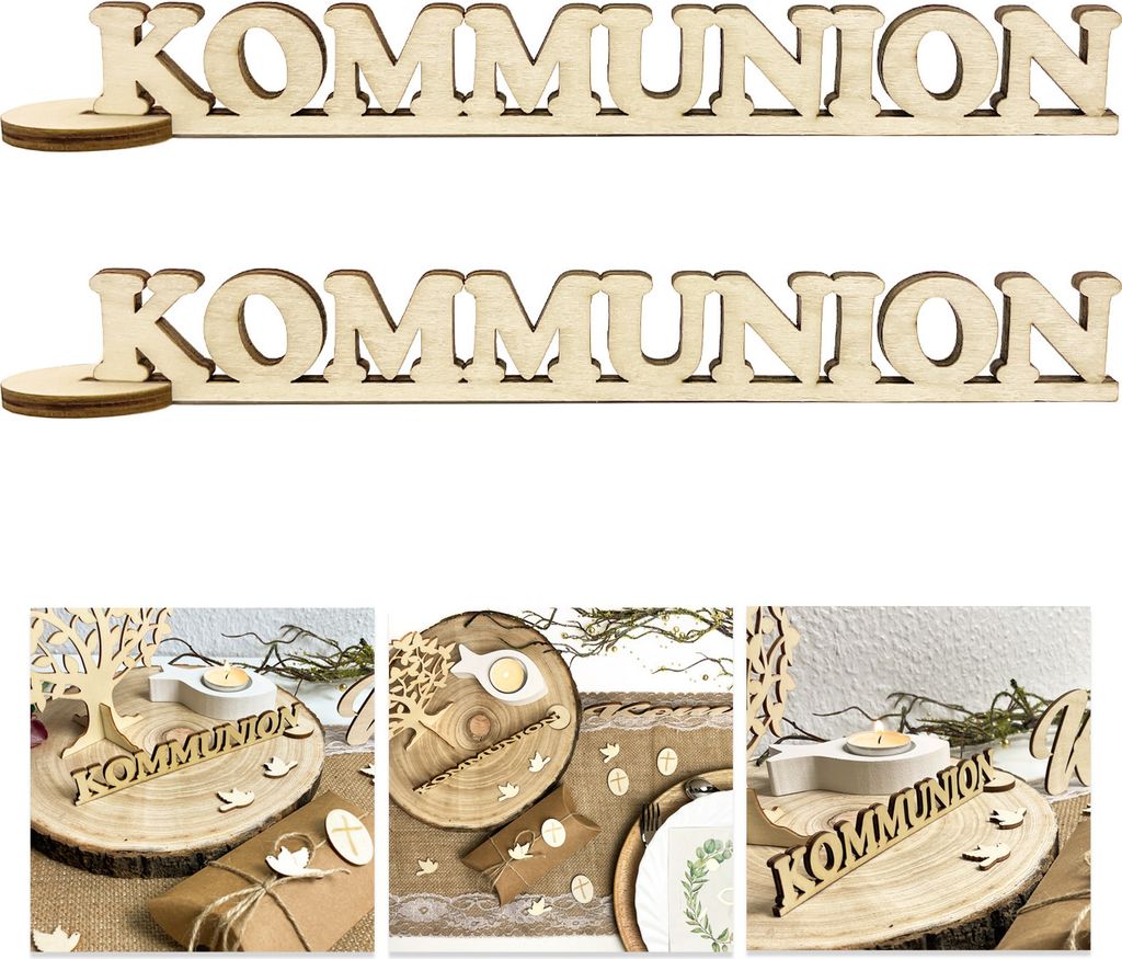 Oblique Unique Schriftzug Kommunion aus Holz 2er Set als Tischdeko für Kommunion Deko Dekoration Junge Mädchen - natur