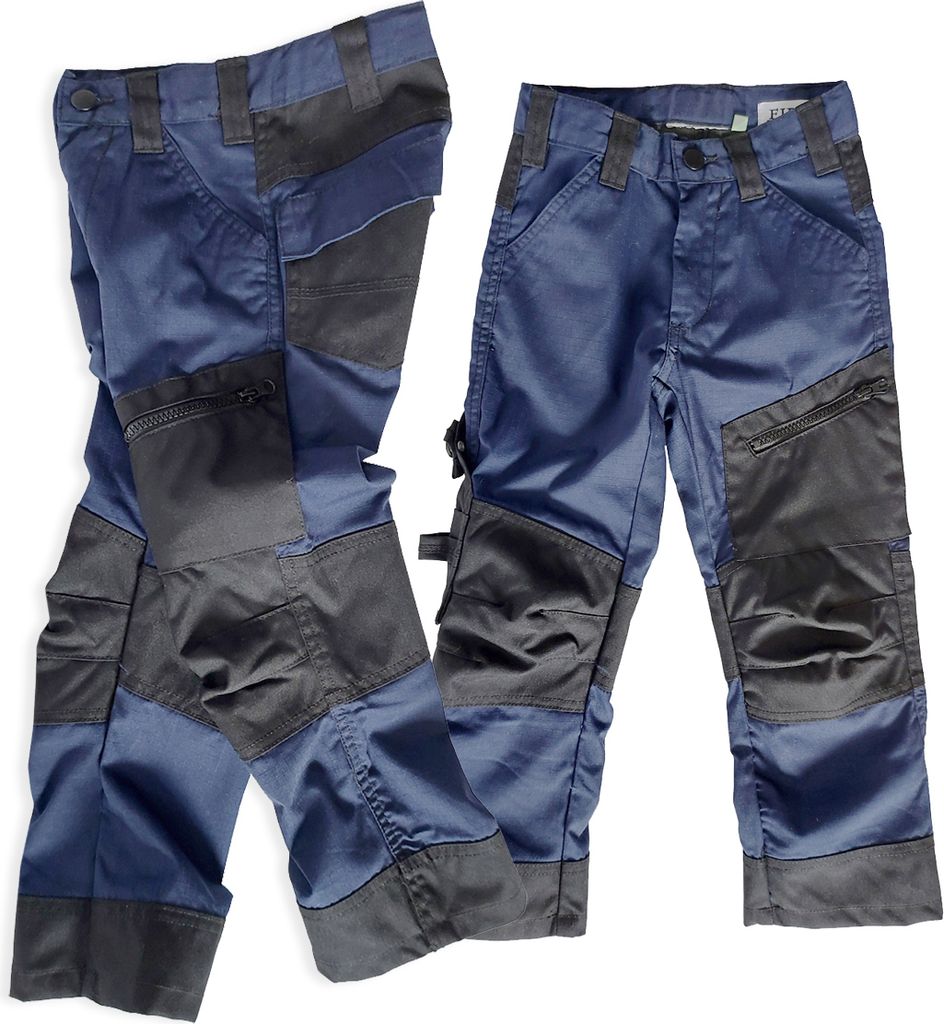 FIRI Kinderarbeitshose mit Verstärkungen und Taschen, schwarz mit blau, 110/116