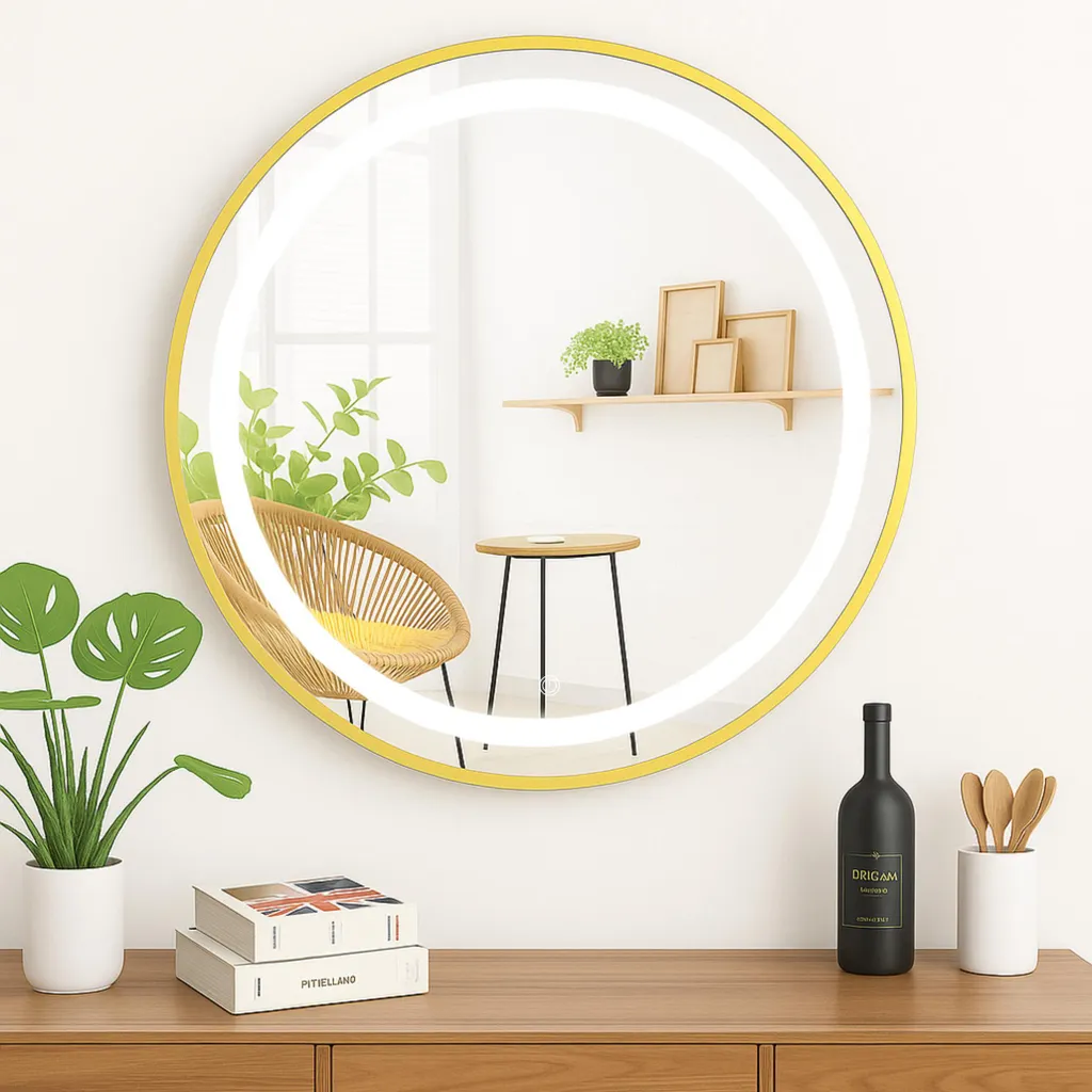 Miroir Mural Rond à LED avec Éclairage Variable 50 cm Cadre en Or - 2