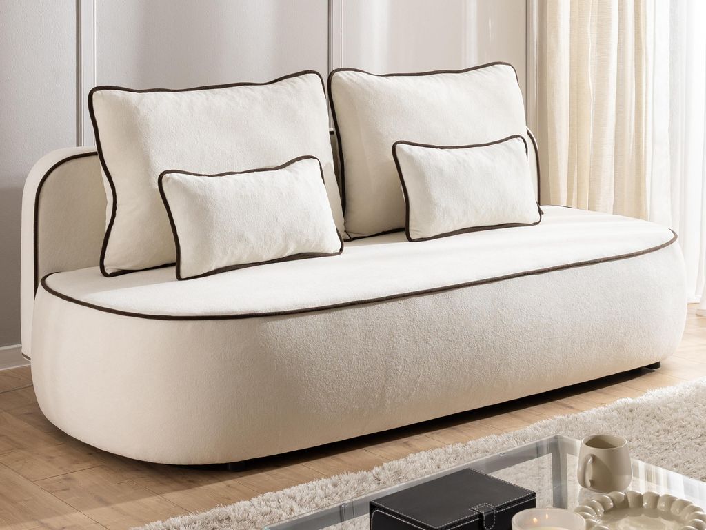 Vero - Modernes und abgerundetes 3-Sitzer-Kindersofa mit Schlaffunktion und Bettkasten aus Creme Plüschstoff mit brauner Paspel