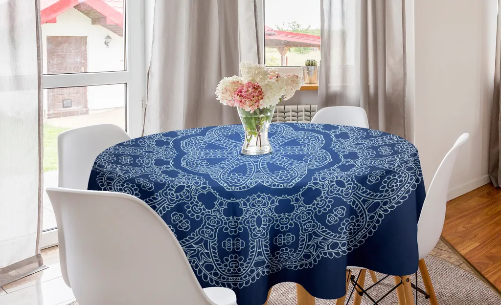 ABAKUHAUS Tovaglia rotonda blu con mandala, fiori elaborati, tovaglia circolare per sala da pranzo, decorazione per cucina, 150 cm, blu scuro, bianco, blu
