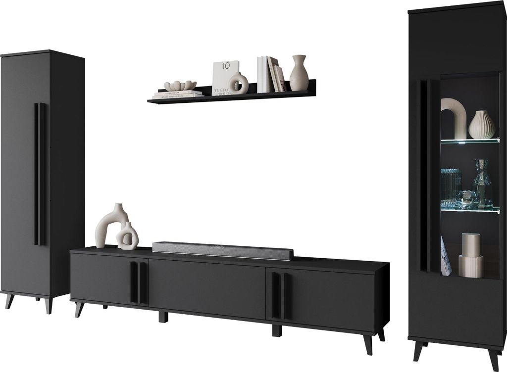 MIRJAN24 Wohnwand Helsinki II, TV-Möbel, Große Anbauwand, Schrankwand, Wohnzimmer-Set (Farbe: Schwarzer Graphit, mit weißer LED Beleuchtung)