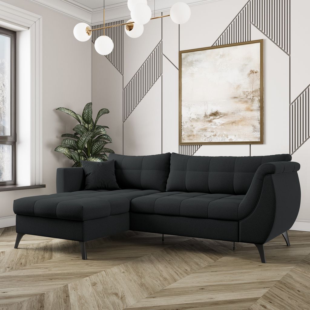 Masseno Ecksofa MOLLIS mit Schlaffunktion L-Form, Sofa mit Bettkasten, Wohnzimmersofa, Couch, Soffa, Bettsofa, Couchgarnitur- Schwarz, SORO 100