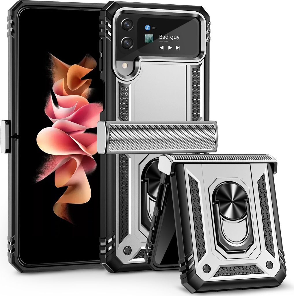 Galaxy Z Flip3 Hülle, Dual Layer Robust Militäre Scharnierschutz Schutzhülle mit Ringhalterung Ständer für Samsung Galaxy Z Flip 3 5G Silber
