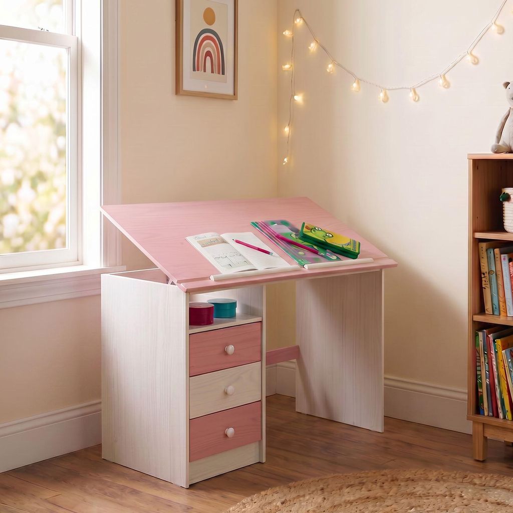 Kinderschreibtisch KEVIN aus Kiefer in weiß/rosa, schöner Schülerschreibtisch mit Neigungsverstellung, praktischer Schreibtisch mit 3 Schubladen...