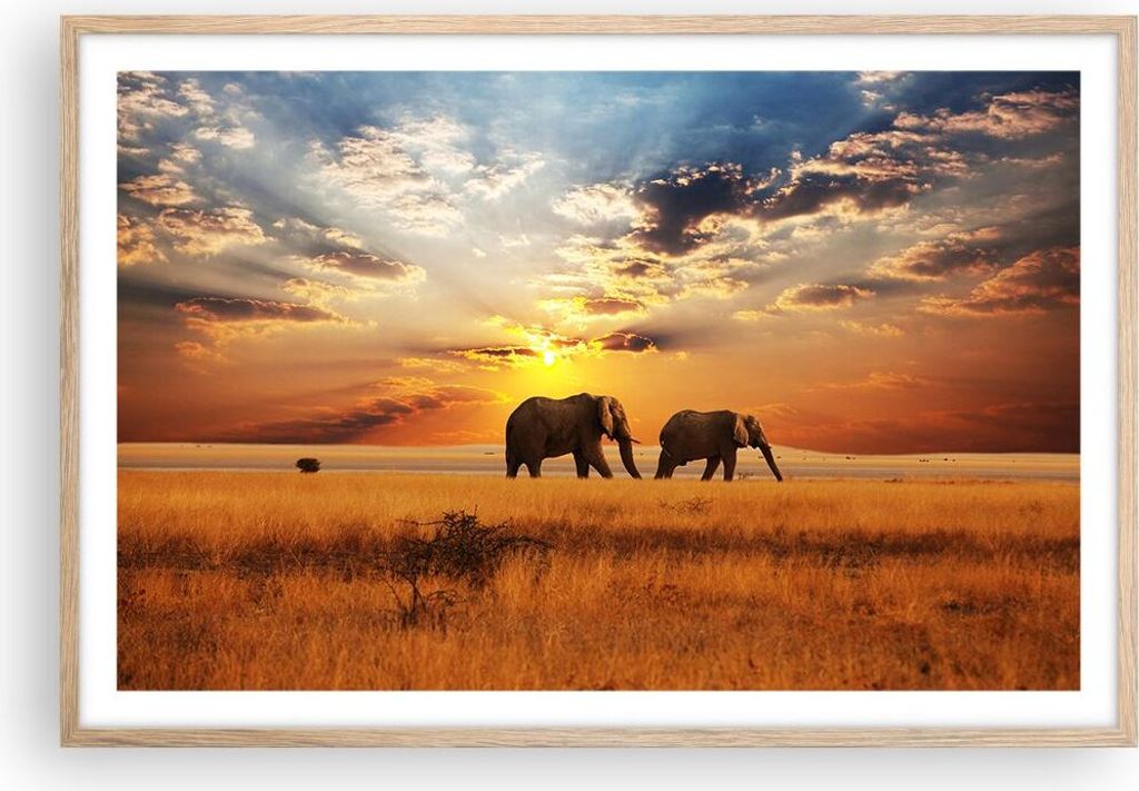 Gerahmtes Poster - Rahmen in heller Eiche - Elefanten Safari Dschungel Busch - 91,5x61 cm - Wand Bild - Wanddeko - Wandbilder - Wandposter - Bilder...