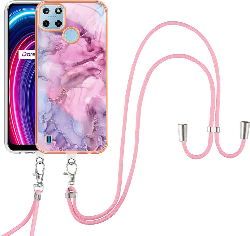 OPPO Realme C21Y Handykette Hülle, Muster TPU Bumper Schutzhülle mit verstellbarem Tragegurt für OPPO Realme C21Y C25Y Pink