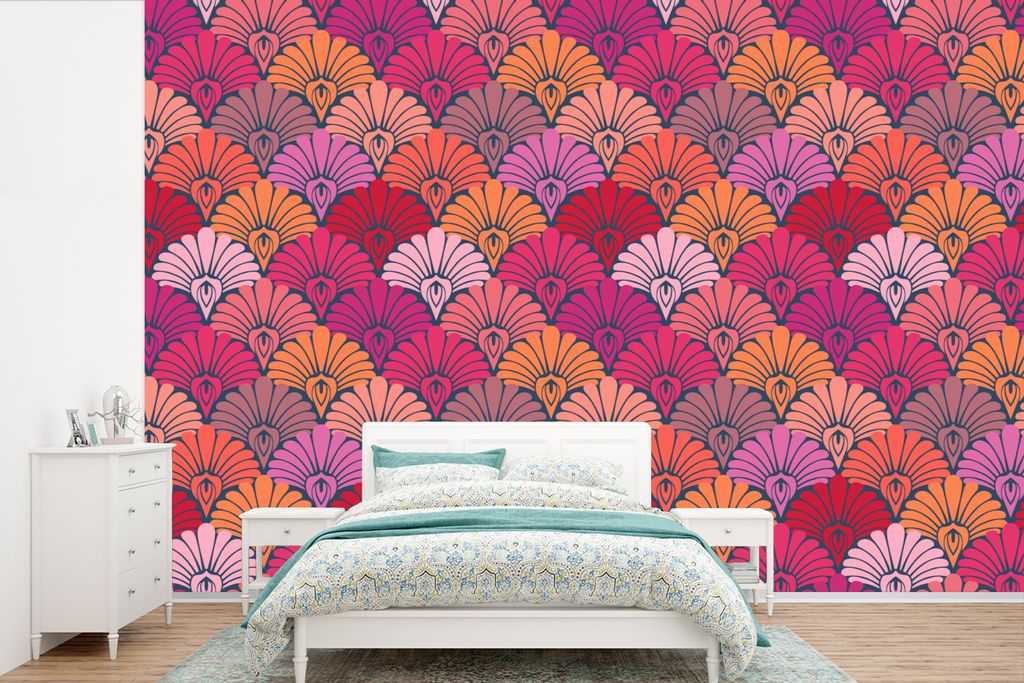 MuchoWow Fototapete für Wohnzimmer oder Schlafzimmer Wandtapete Vinyl Motivtapete Muster - Art Deco - Rosa - Blumen - 525x350 cm - Das Hintergru...