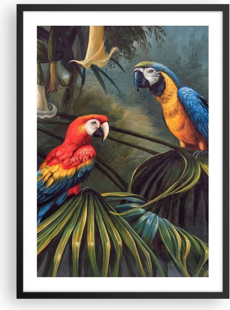 Gerahmtes Poster - Schwarzer Rahmen - Ara Papageien Palmen - 50x70 cm - Wand Bild - Wanddeko - Wandbilder - Kunstposter - Wandposter - Bilderrahmen...