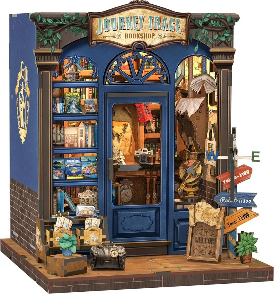 A miniature model of a bookshop called 'Journey Trace Bookshop'.