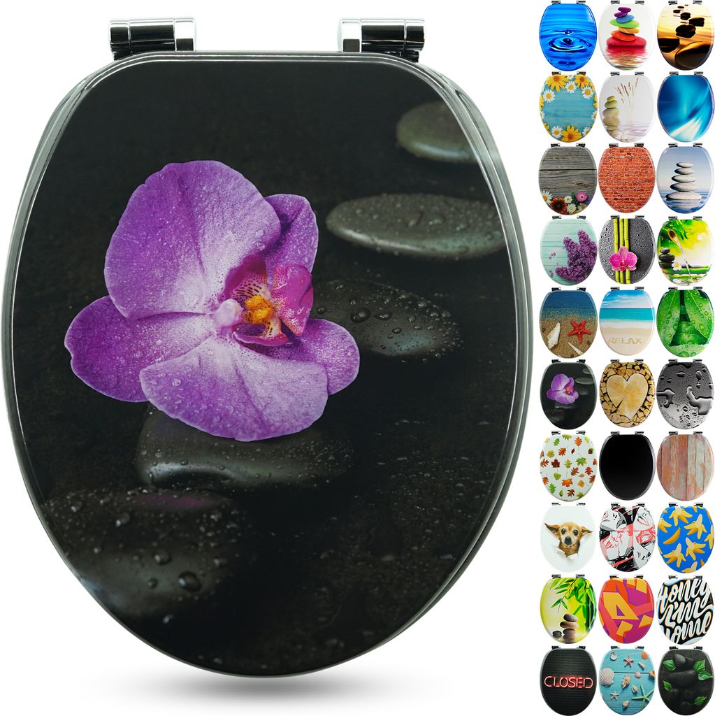 Sanfino Premium WC Sitz "Way of Orchid" hochwertiger Toilettendeckel mit Absenkautomatik aus Holz, einfache Montage