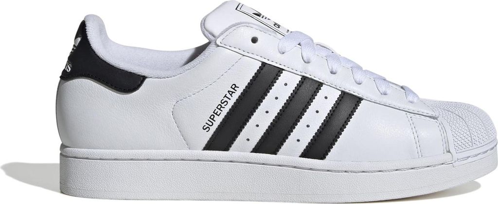 A white Adidas Superstar sneaker with black accents is shown from the side against a white background.