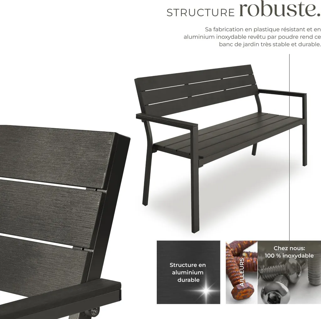 Banc d'extérieur 2 places en métal gris anthracite pour terrasse et parc