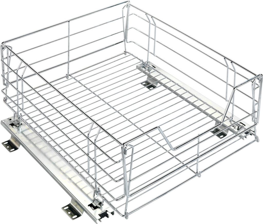 A wire basket drawer with sliding mechanisms, isolated on a white background.