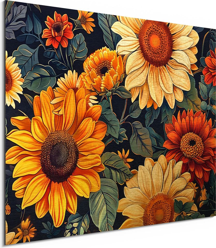 DEQORI Alu-Dibond Bild Gold 80x60 cm 'Der Blütentanz' Wandbild Metall dünn Design