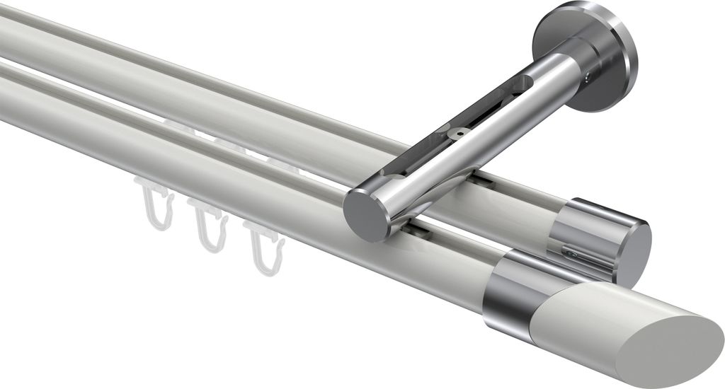 Interdeco Innenlaufstange / Gardinenstange mit Innenlauf Weiß / Chrom, Typ Siteno Verano (Schräge Bicolor), 20 mm Ø 2-läufig, 140 cm