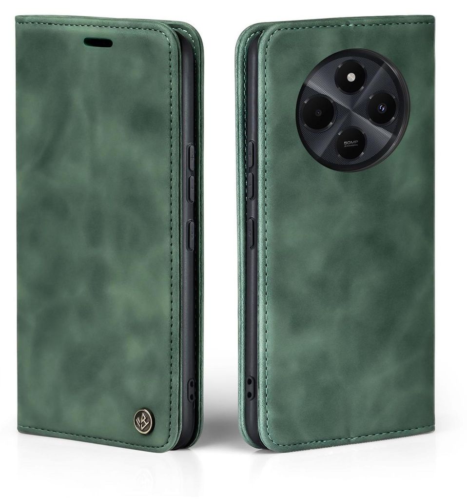 A green flip cover phone case is shown from two angles.
