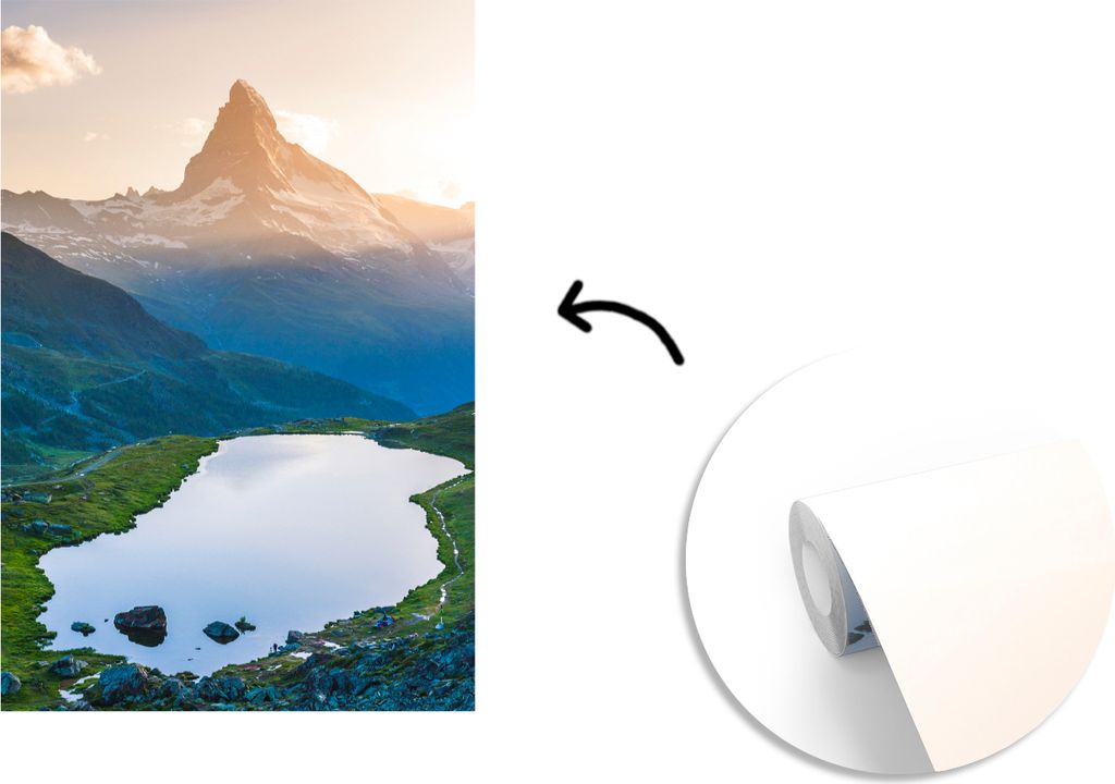 MuchoWow Fototapete für Wohnzimmer oder Schlafzimmer Wandtapete Vinyl Motivtapete Matterhorn und Stellisee bei Sonnenuntergang im Wallis, Schwei...