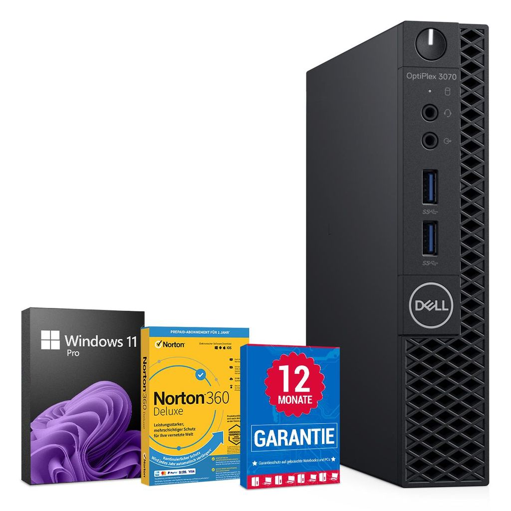 A Dell OptiPlex 3070 Mini PC computer is shown alongside boxes for Windows 11 Pro, Norton 360 Deluxe, and a 12-month warranty.