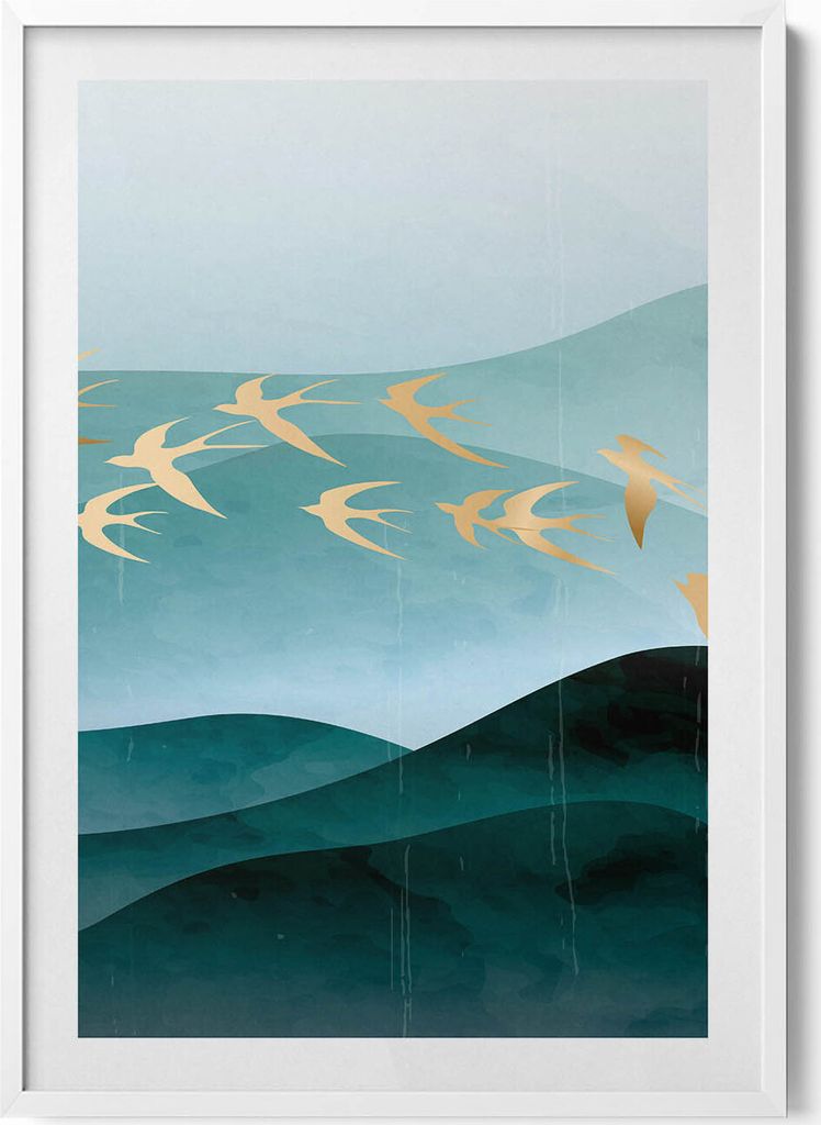 Illustration von goldenen Vögeln am Himmel– Wandbild mit Rahmen – Gerahmtes Bild – Wanddekoration – 70x100 cm – Weiß Rahmen