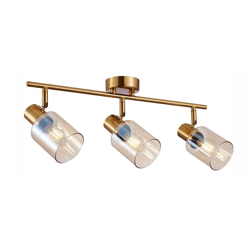 Luminaire de plafond style laiton avec trois globes en verre ambré