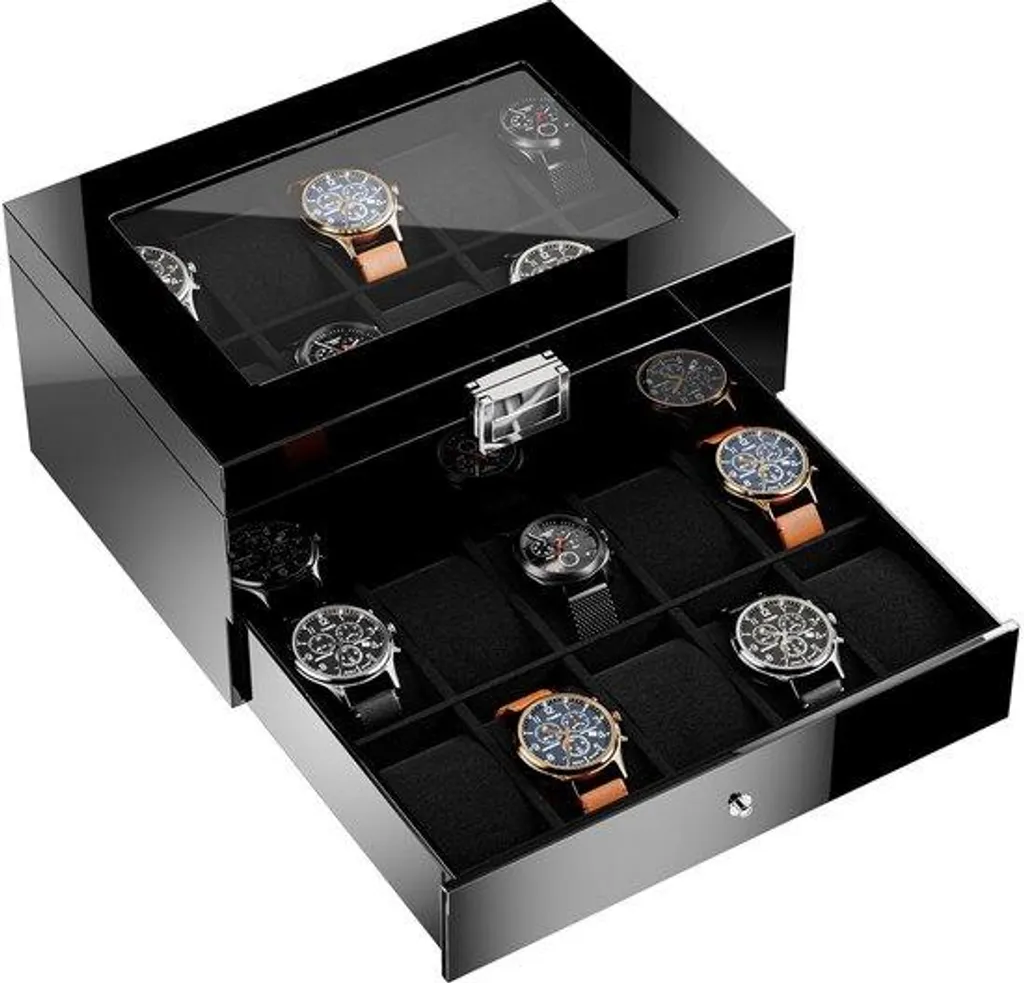 Boîte de rangement montres en bois noir 20 emplacements avec vitrine