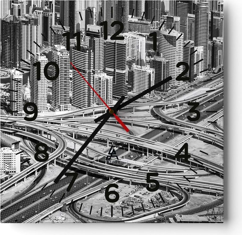 Wanduhr - Quadrat - Glasuhr - Stadt Wolkenkratzer Autobahn - 30x30cm - Schleichendes Uhrwerk - Lautlos - zum Aufhängen bereit - Dekoration Modern ...