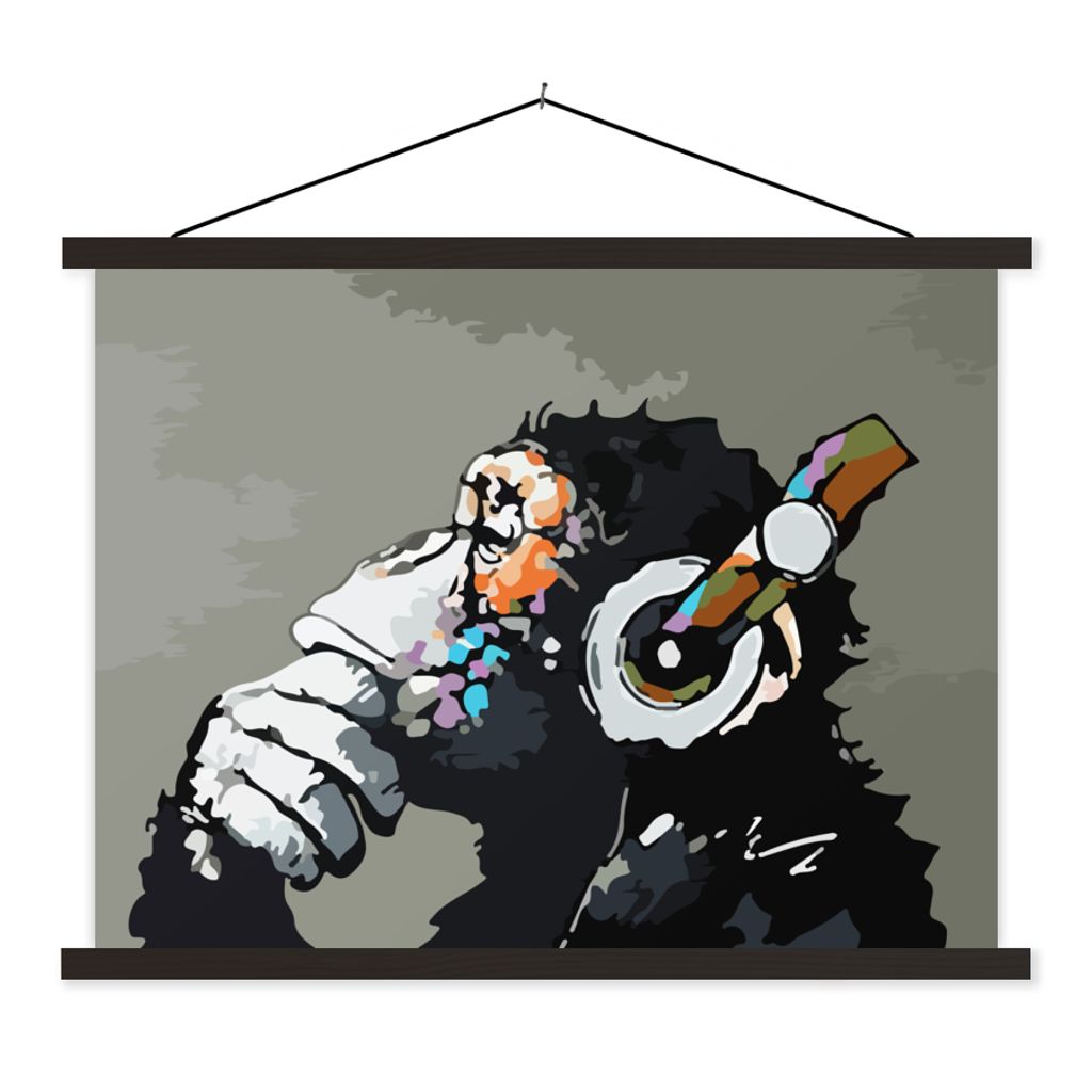 MuchoWow Textilposter Gemälde - Affe - Kopfhörer - Ölfarbe 60x45 cm mit schwarzem Rahmen - Poster Schlafzimmer