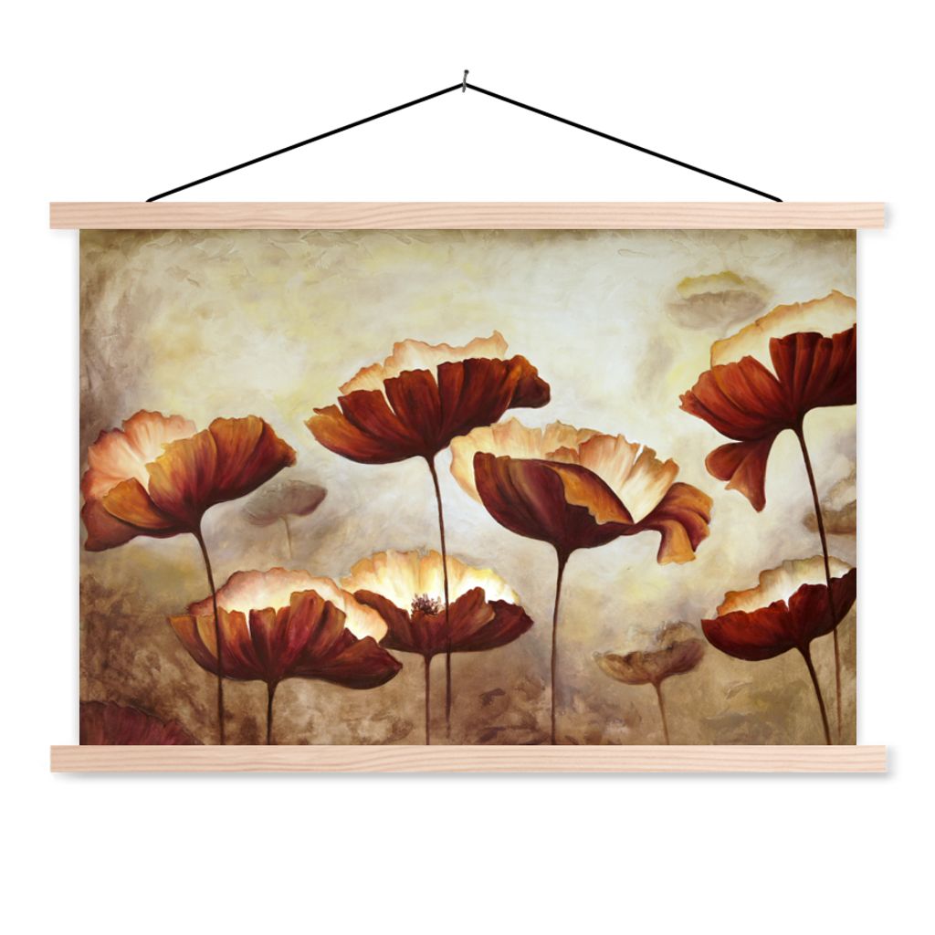 MuchoWow Textilposter Malerei - Blumen - Ölfarbe - Pflanzen 120x80 cm mit holzfarbenen Rahmen - Aufhängeset
