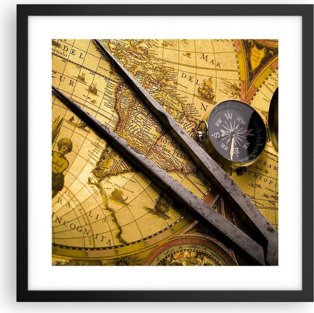 Gerahmtes Poster - Schwarzer Rahmen - Kompass Abenteuer Reisen - 40x40 cm - Wand Bild - Wanddeko - Wandbilder - Wandposter - Bilderrahmen - Bilder ...