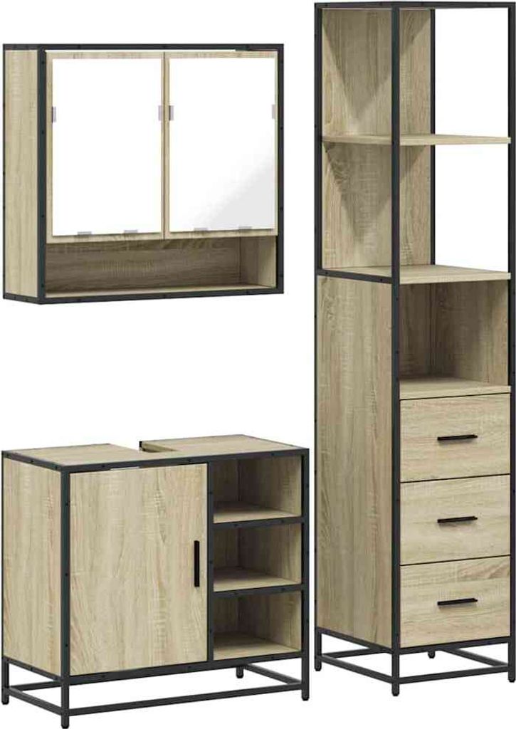 (Robust Möbel) 3-tlg. Badmöbel-Set stylische - Badezimmerschrank, Badschrank - Sonoma-Eiche Holzwerkstoff - Badezimmerschränke DEMöbel324389