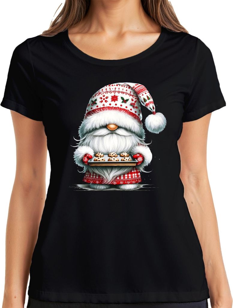 Weihnachtsmann mit Keksen Trägt Mütze und Schürze Festlich Familie Damen T-Shirt, Schwarz, M
