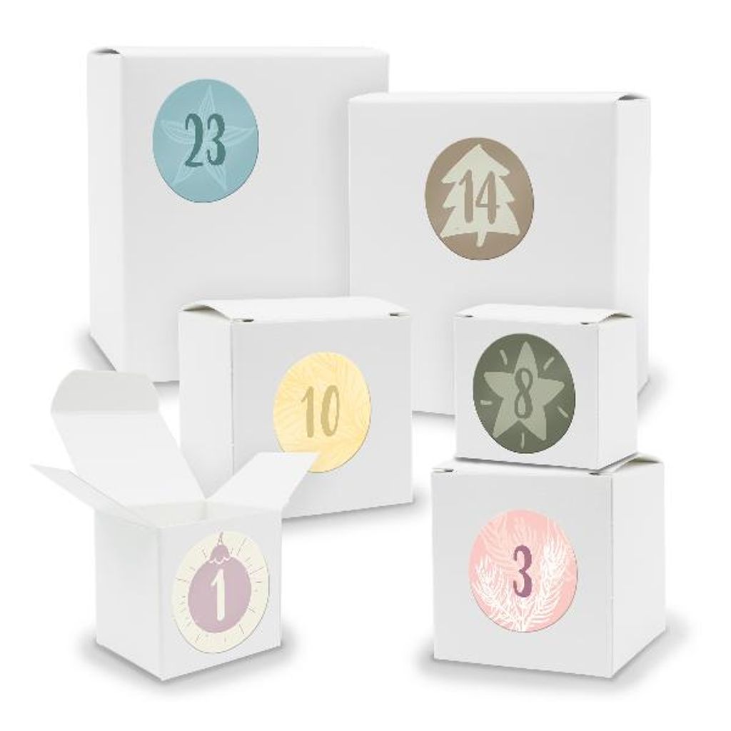 Adventskalender zum Füllen 24x Quader Würfel gemischt WEISS + Sticker (V01 Z17)