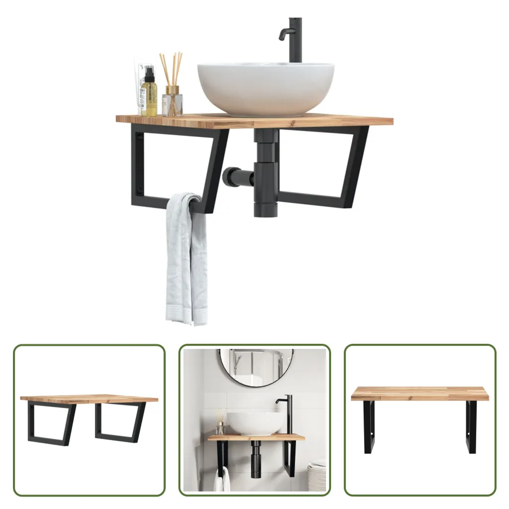 The Living Store Mensola per lavabo a parete in acciaio e legno di acacia