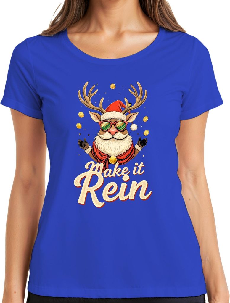 Make it Rein Weihnachtsrentier Sonnenbrille Bart lustig Retro Damen T-Shirt, Blau, M