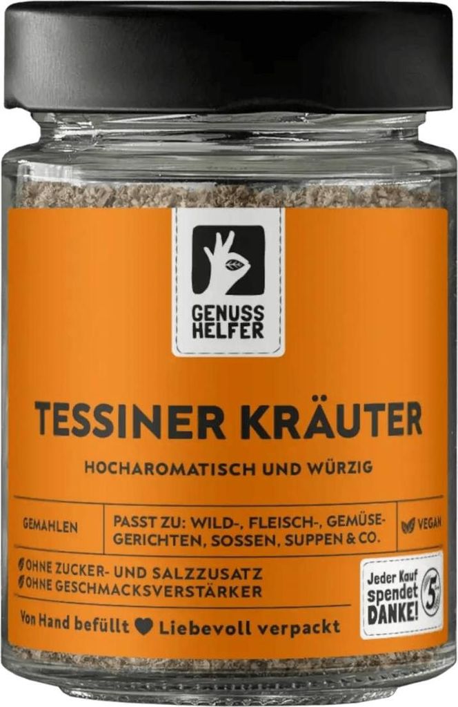 Tessiner Kräuter Gewürzmischung, gemahlen, ideal für Pilzgerichte, leckere Würze für cremige Saucen, 60g im Glas
