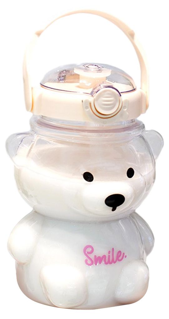 Bären-Trinkflasche mit Strohhalm, 1 Liter, BPA-frei, auslaufsicherer Kinderbecher für Kaltgetränke, tragbarer Trinkbecher mit verstellbarem Trag...