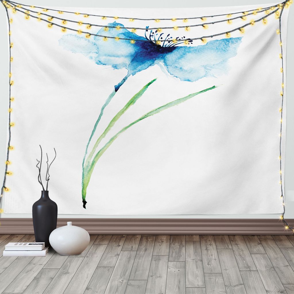 ABAKUHAUS Blumen Wandteppich, Kornblume Botanik, Wohnzimmer Schlafzimmer Heim Seidiges Satin Wandteppich, 200 x 150 cm, Marineblau Weiß Grün