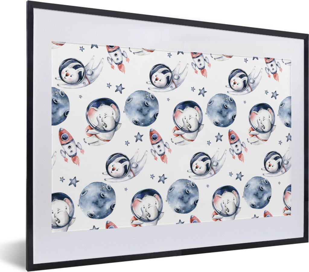MuchoWow Gerahmtes Poster Elefant - Kaninchen - Rakete - Jungen - Mädchen - Kinder - Kind 40x30 cm - Poster mit Schwarzem Bilderrahmen Wandposte...