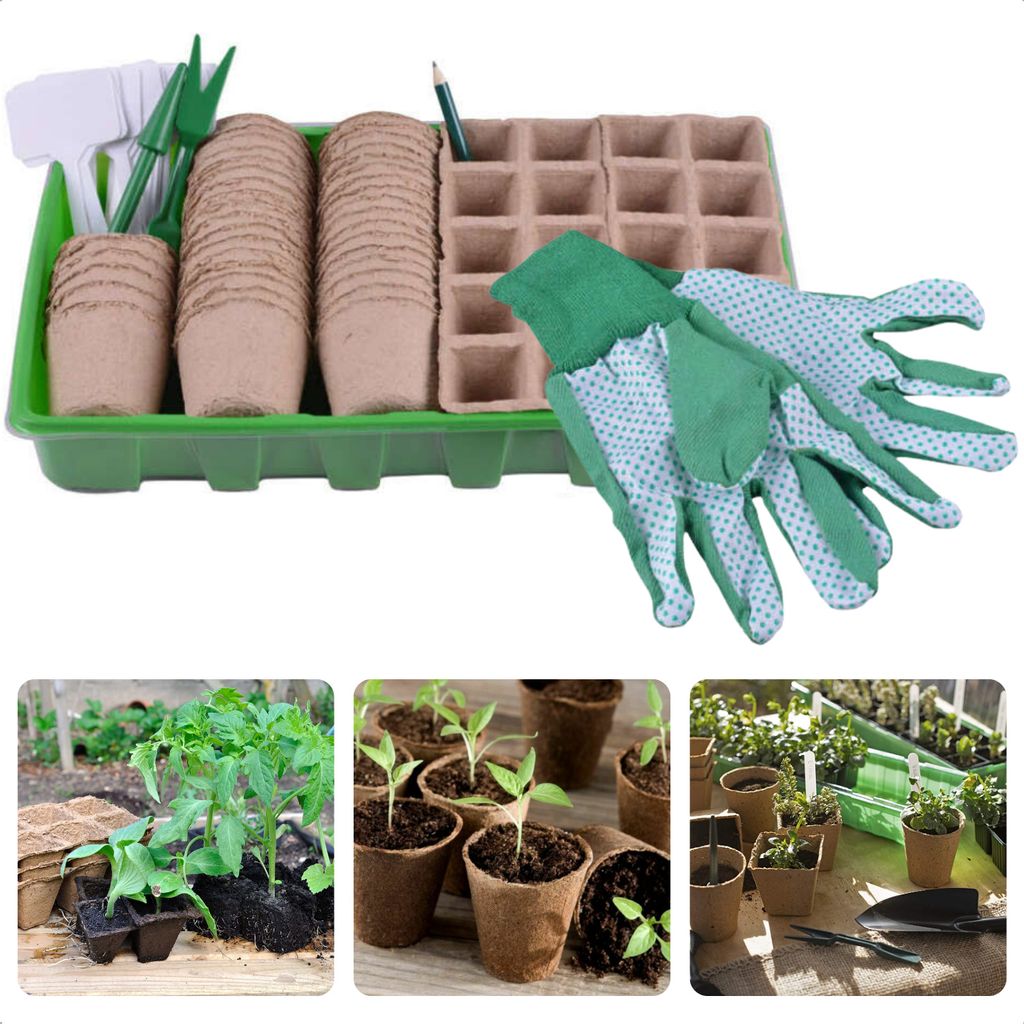 Cheqo Anzuchtset 68-teilig - Garten Starter Kit - Pflanzset - Anzuchttöpfe - Mit Handschuhen und Etiketten