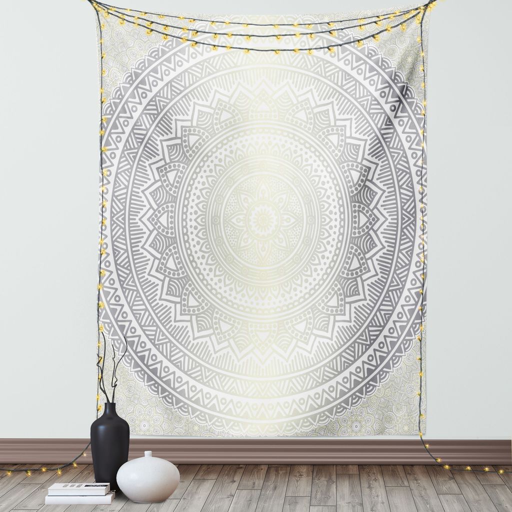 ABAKUHAUS Grau und Weiß Wandteppich, Medaillon Muster Runde Form Mandala Hippie Ombre Retro-Kultur Design, Wohnzimmer Schlafzimmer Seidiger Satin ...