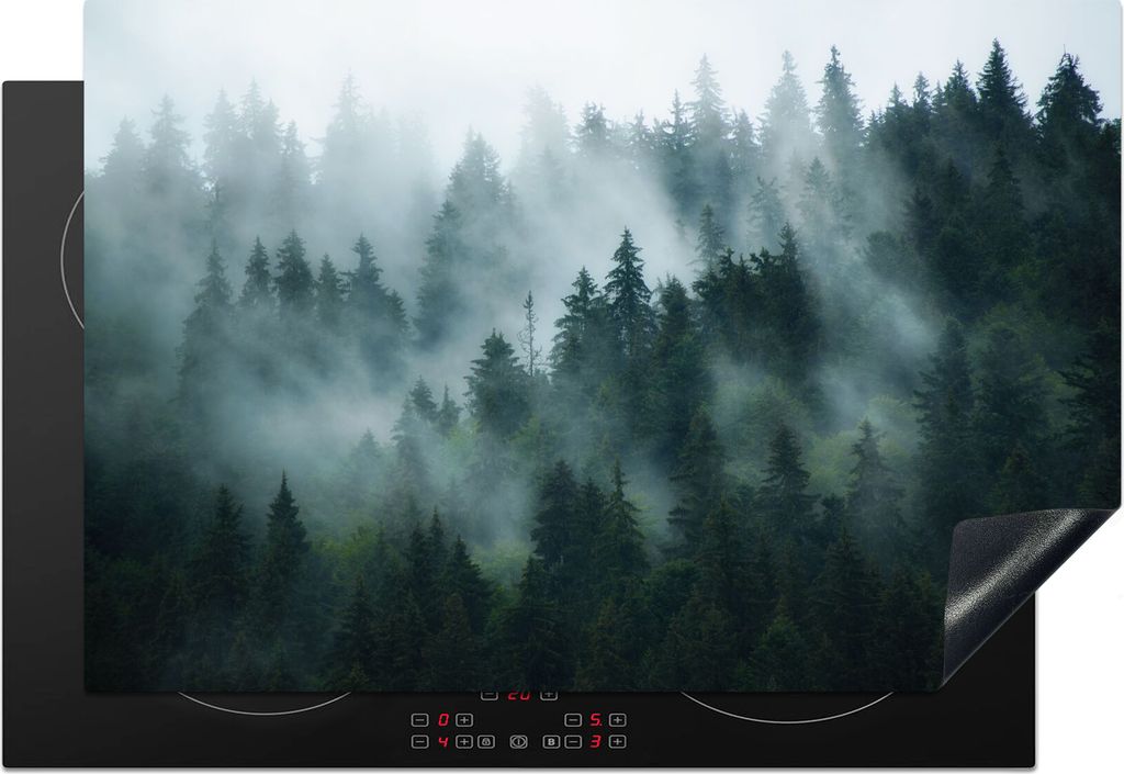 KitchenYeah Herdabdeckplatte Nebel - Bäume - Wald , 76x51cm, Küche Deko, Glaskeramikkochfeld Herdabdeckung, Abdeckplatte fùr Kochfeld