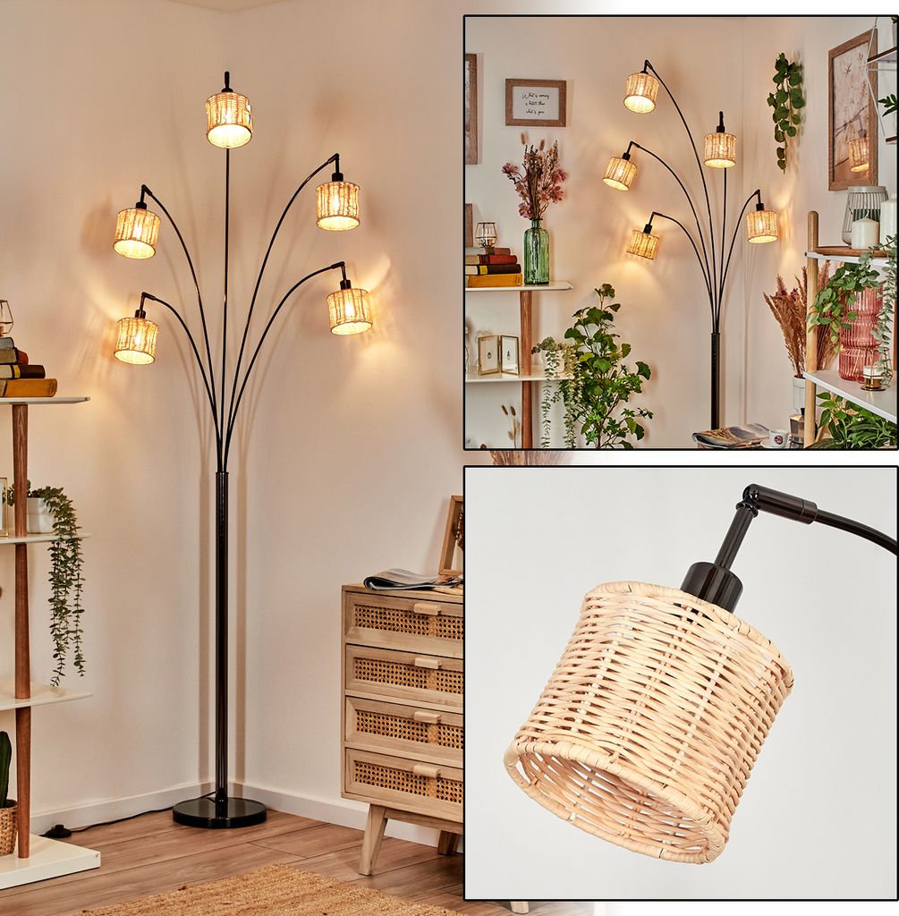 Dello Stehlampe aus Metall/Rattan in Schwarz/Messing gebürstet/Natur