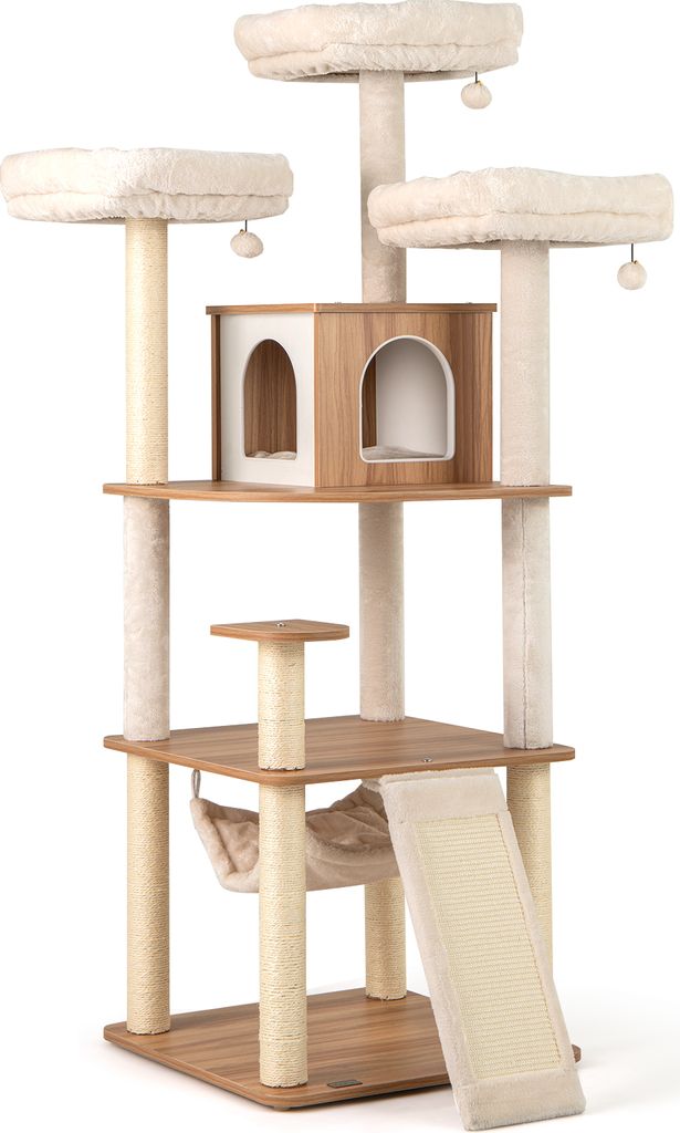 COSTWAY Kratzbaum 168cm, Katzenbaum Groß mehrstöckig, Katzenmöbel Kletterbaum mit Höhle, Leiter, Matten, Bällen & Hängematte, Beige Natur