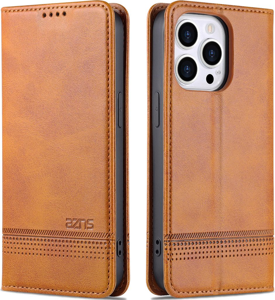 A brown leather flip case for an iPhone 13 Pro, shown from the front and back.