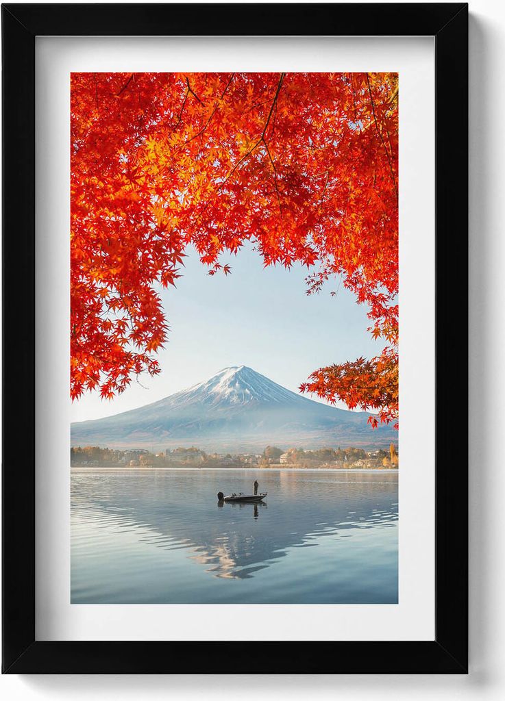 Landschaft des Berges Fuji unter dem roten Baum– Wandbild mit Rahmen – Gerahmtes Bild – Wanddekoration – 20x30 cm – Schwarz