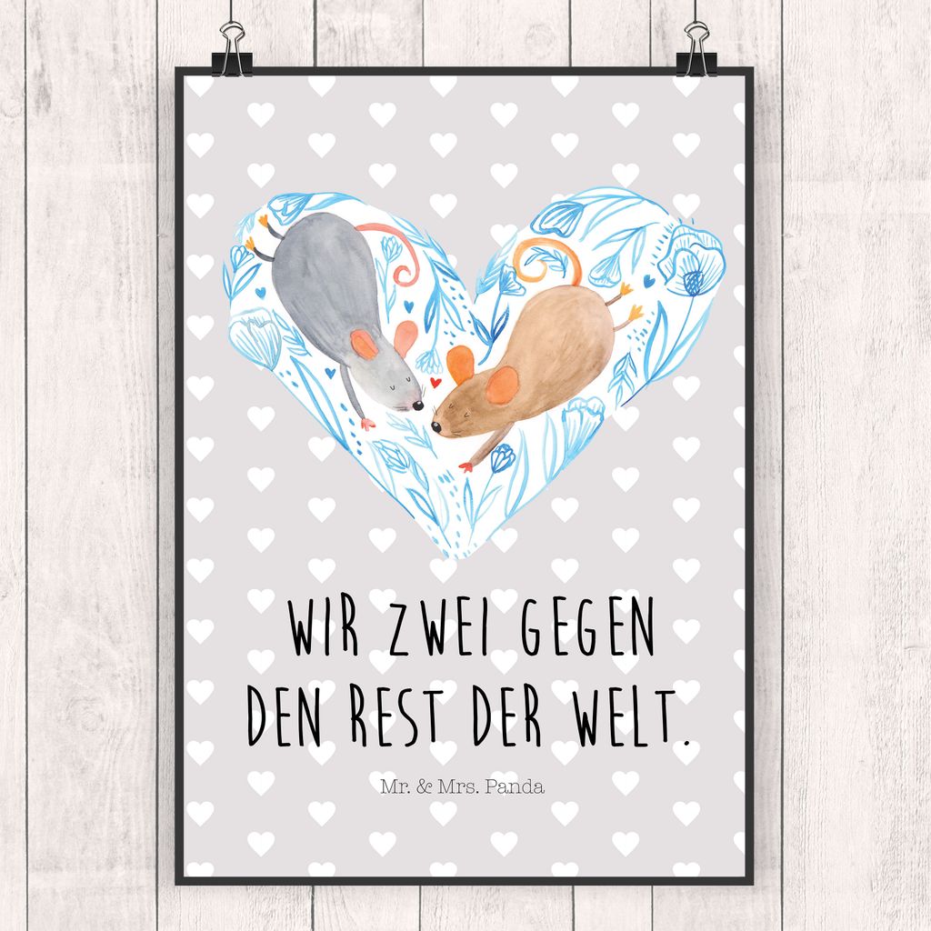 Mr. & Mrs. Panda Bild Mäuse Herz DIN A4 - Grau Pastell - Geschenk, Liebe, Wandbild, Liebesspruch, Wanddekoration, Plakat, drucke, wandkunst, Jahre...