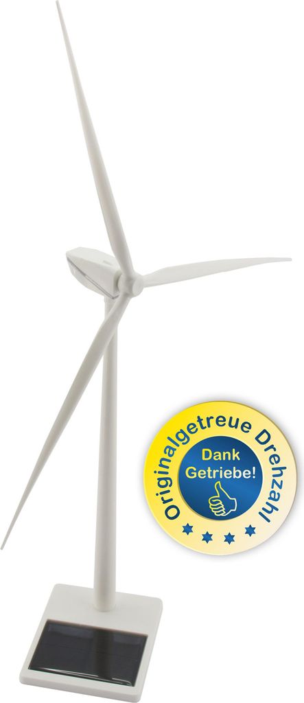 A model of a wind turbine with a solar panel at its base, set against a white background.